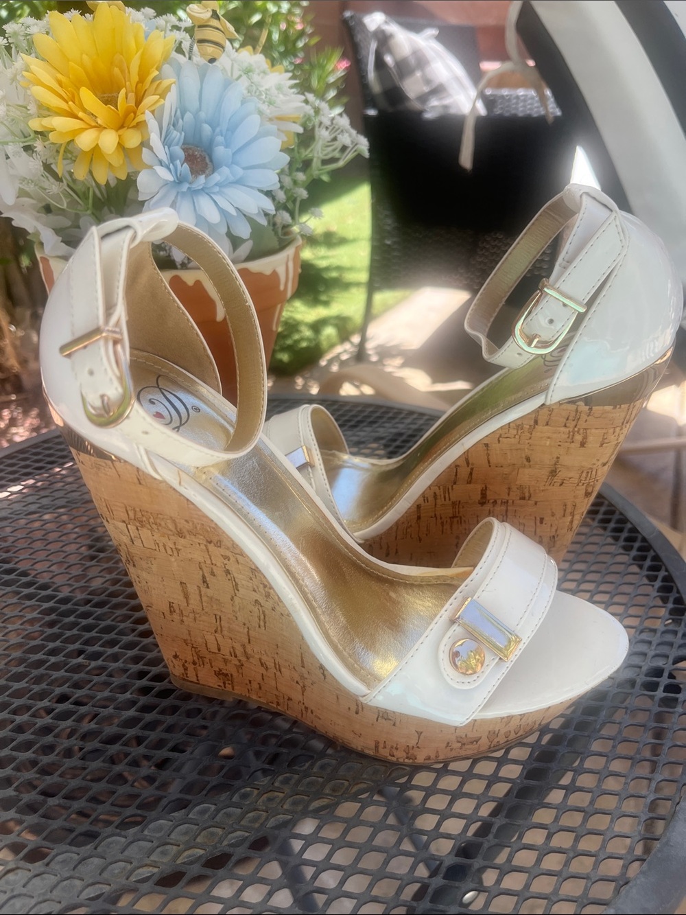 New Wild Diva White Cork Wedge Sandals with Ankle Strap